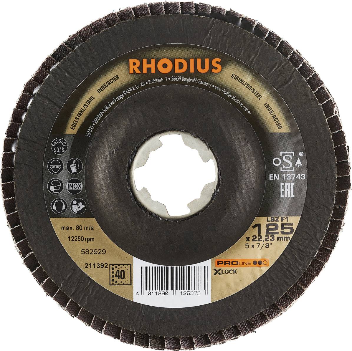 Sicht von oben auf eine Schleifscheibe mit der Aufschrift RHODIUS, Proline XLock. Maximal 80 m/s, 12250 U/min. Modellnummer 582929.