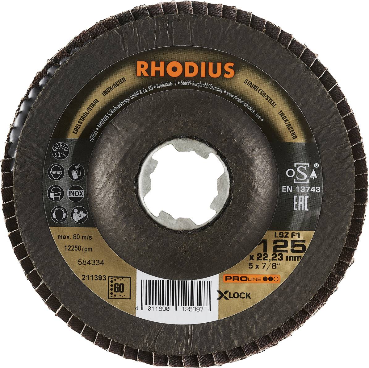 'Rhodius Fächerschleifscheibe', 125 mm, 22,23 mm Bohrung, für Edelstahl. Maximale Drehzahl 12.250 U/min.