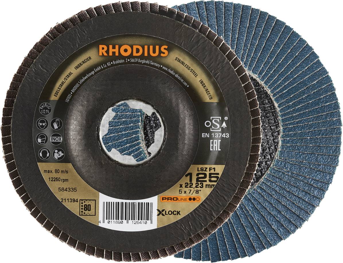 'RHODIUS' Schleifscheiben mit X-Lock-System, 125 mm Durchmesser. Geeignet für 80 m/s und 12.250 U/min. EN 13743 zertifiziert.