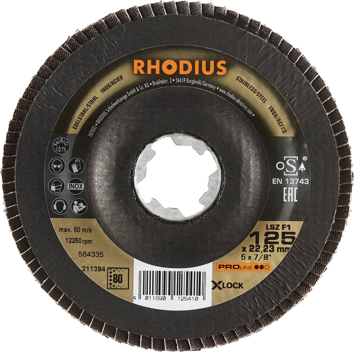 'Rhodius Schleifscheibe LSZ F1' mit X-LOCK, geeignet für Edelstahl. Angaben zu Geschwindigkeit und Durchmesser: max. 80 m/s, 125 x 22,23 mm.