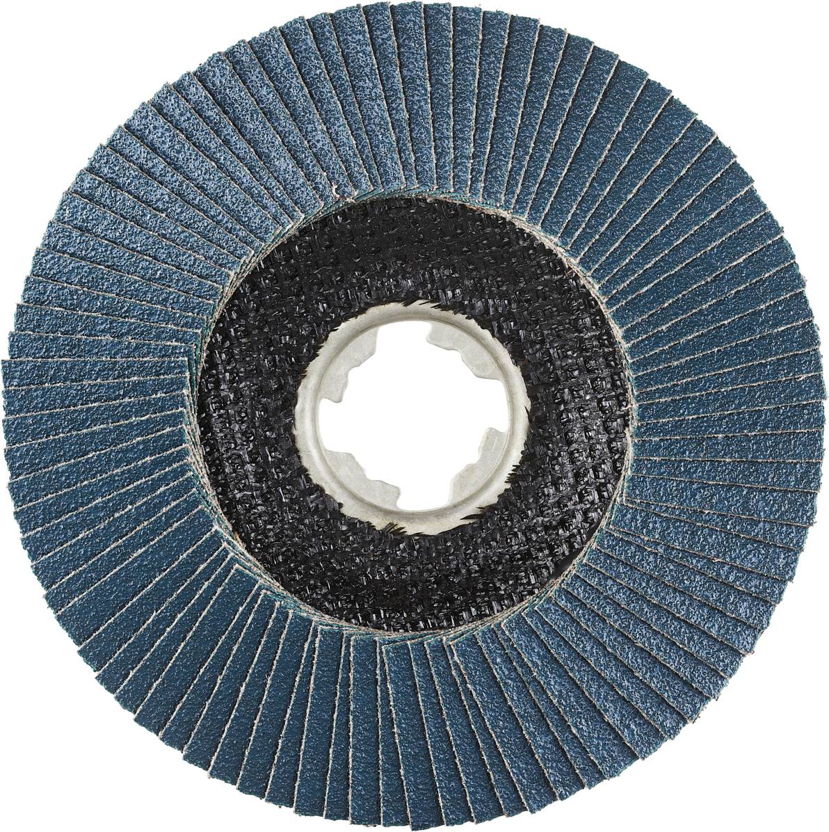 Schleifscheibe mit blauen Lamellen aus Schleifpapier, rund, mit einer Öffnung in der Mitte, verwendet für Schleifarbeiten an Metall oder Holz.