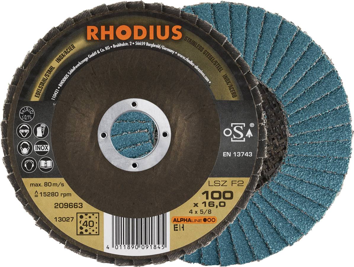 'RHODIUS' Schleifscheibe mit grüner Schleifoberfläche und technischer Beschriftung für Metallschleifen. Modell LSZ F2, Größe 100x16 mm.