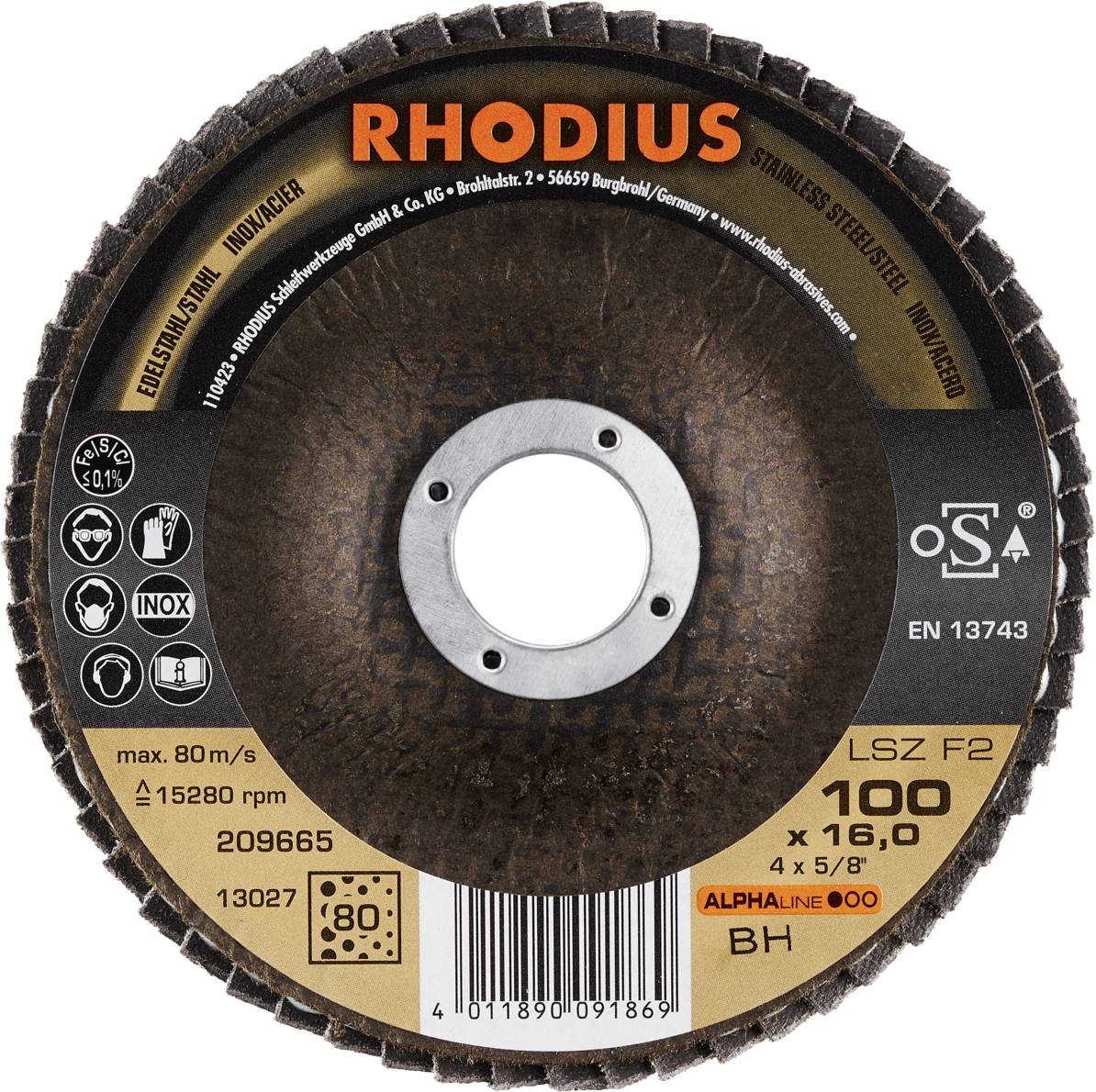 'RHODIUS' Schleif- oder Trennscheibe für Metallbearbeitung, max. 15280 U/min, LSZ F2, 100 x 16 mm, EN 13743 zertifiziert.