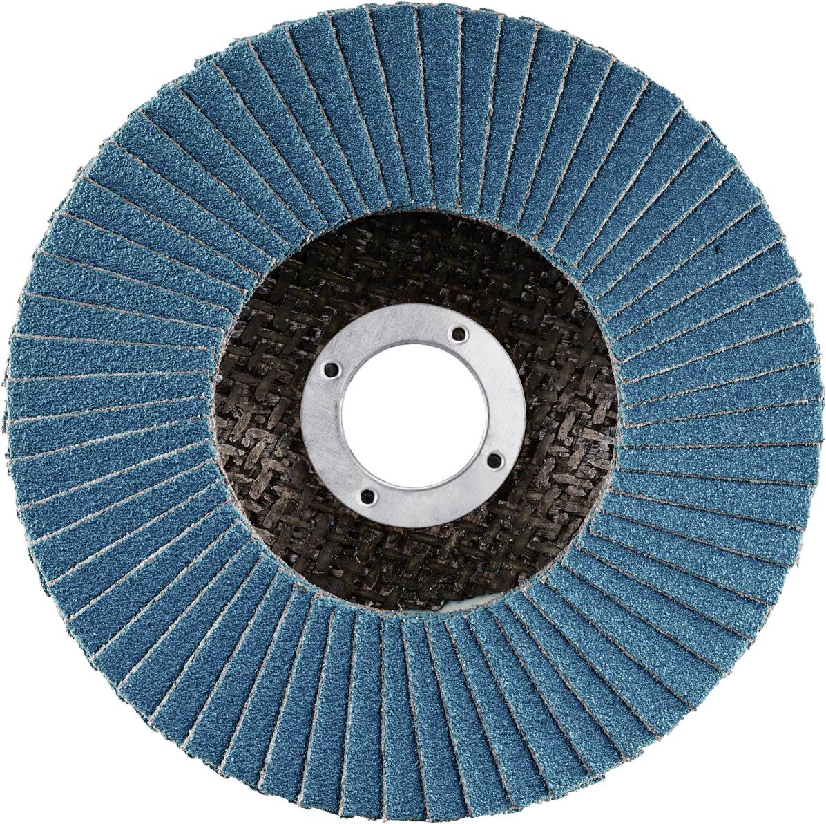 Eine Schleifscheibe mit blauen Lamellen gleichmäßig um die Mitte angeordnet, auf dunklem Hintergrund.