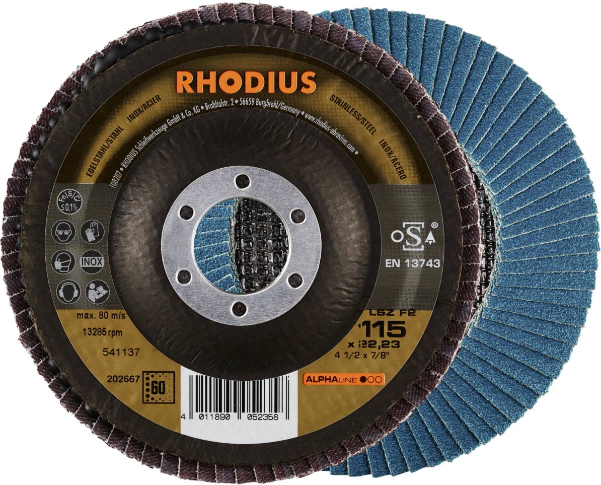 RHODIUS Schleifscheibe, max. 80 m/s, 13300 rpm, 115x22,23 mm, für Edelstahl und Stahl, EN 13743 zertifiziert.