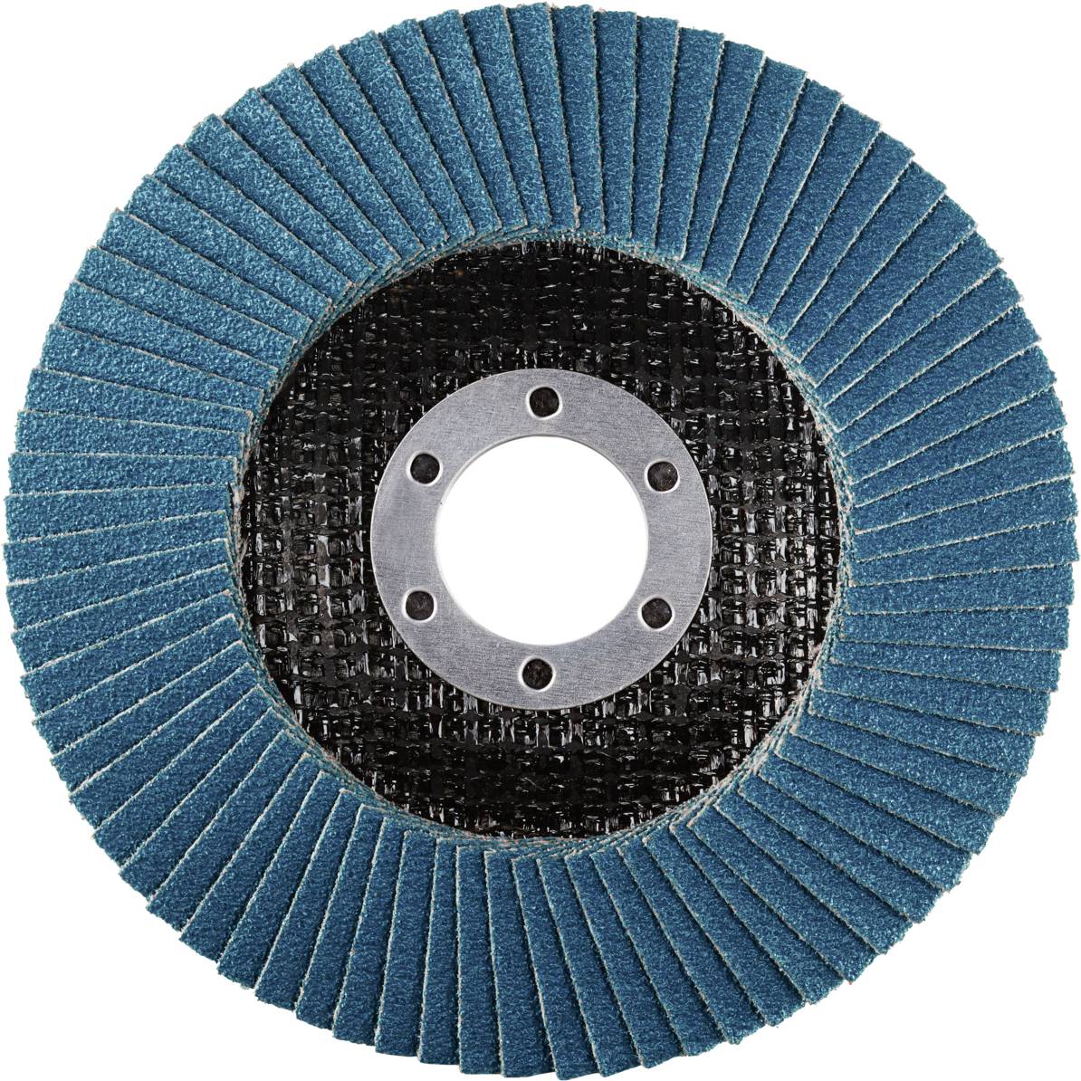 Eine Schleifscheibe mit blauen Lamellen und einem zentralen Befestigungsloch auf schwarzem Untergrund, verwendet für Oberflächenbearbeitung.
