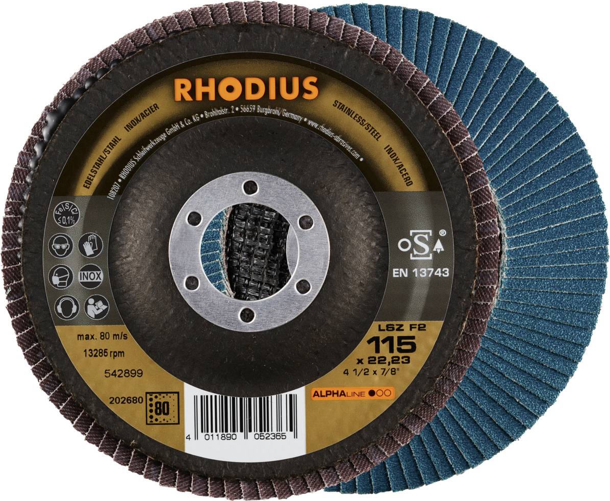 Zwei Schleifscheiben, eine Vorderansicht mit Markenname 'RHODIUS' und Spezifikationen, eine Rückseite mit blauen Schleifborsten.