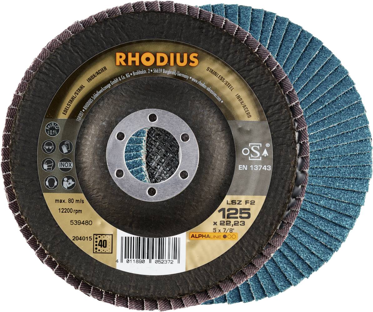Schleifscheibe mit der Aufschrift 'RHODIUS'. Größe: 125 mm. Eignung: 80 m/s, 12200 U/min. Enthält Produktspezifikationen und Kennzeichnungen.