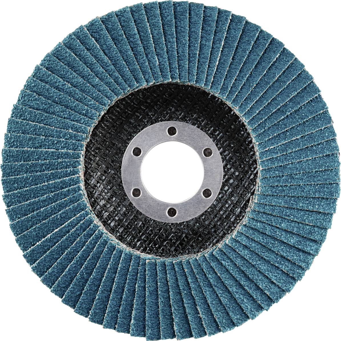 Schleifscheibe mit blauen Lamellen und einem Metallloch in der Mitte, verwendet zum Schleifen und Glätten von Oberflächen.