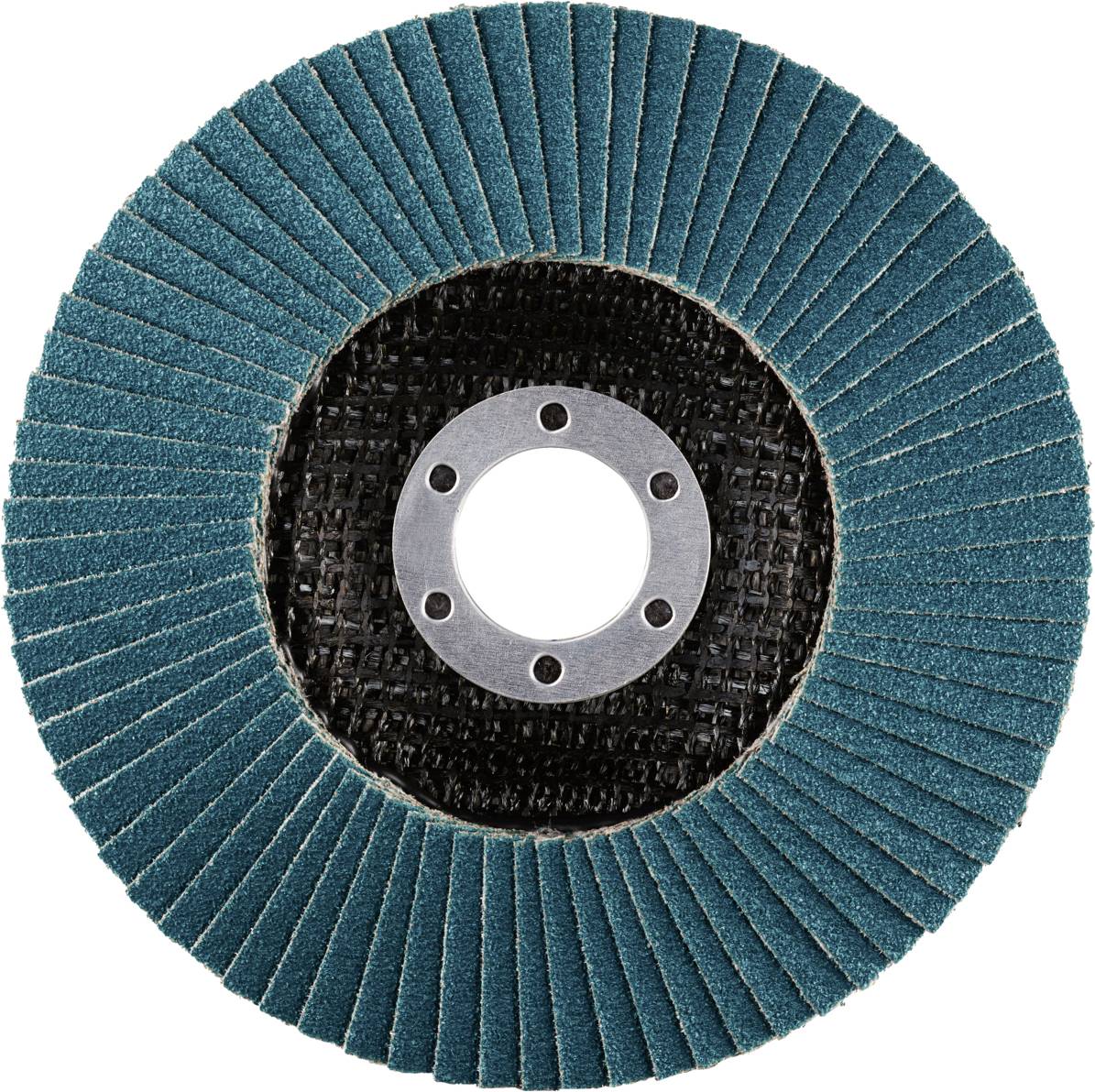 Ein Schleifteller mit radial angeordneten Schleiflamellen, typisch für Metallbearbeitung, auf weißem Hintergrund.