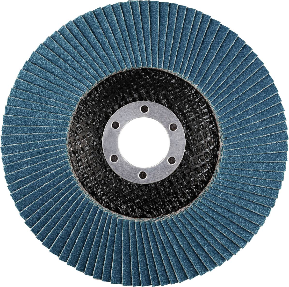 Rundschleifscheibe mit blauen Lamellen und zentraler Metallhalterung, geeignet für Schleifarbeiten an verschiedenen Materialien.