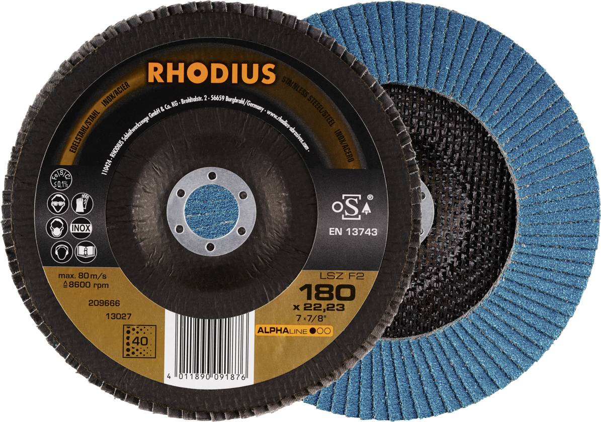 'RHODIUS' Schleifscheibe, Modell LSZ F2, Durchmesser 180 mm, für Edelstahl- und Metallschleifen. Hinweis auf Sicherheitsnorm EN 13743.