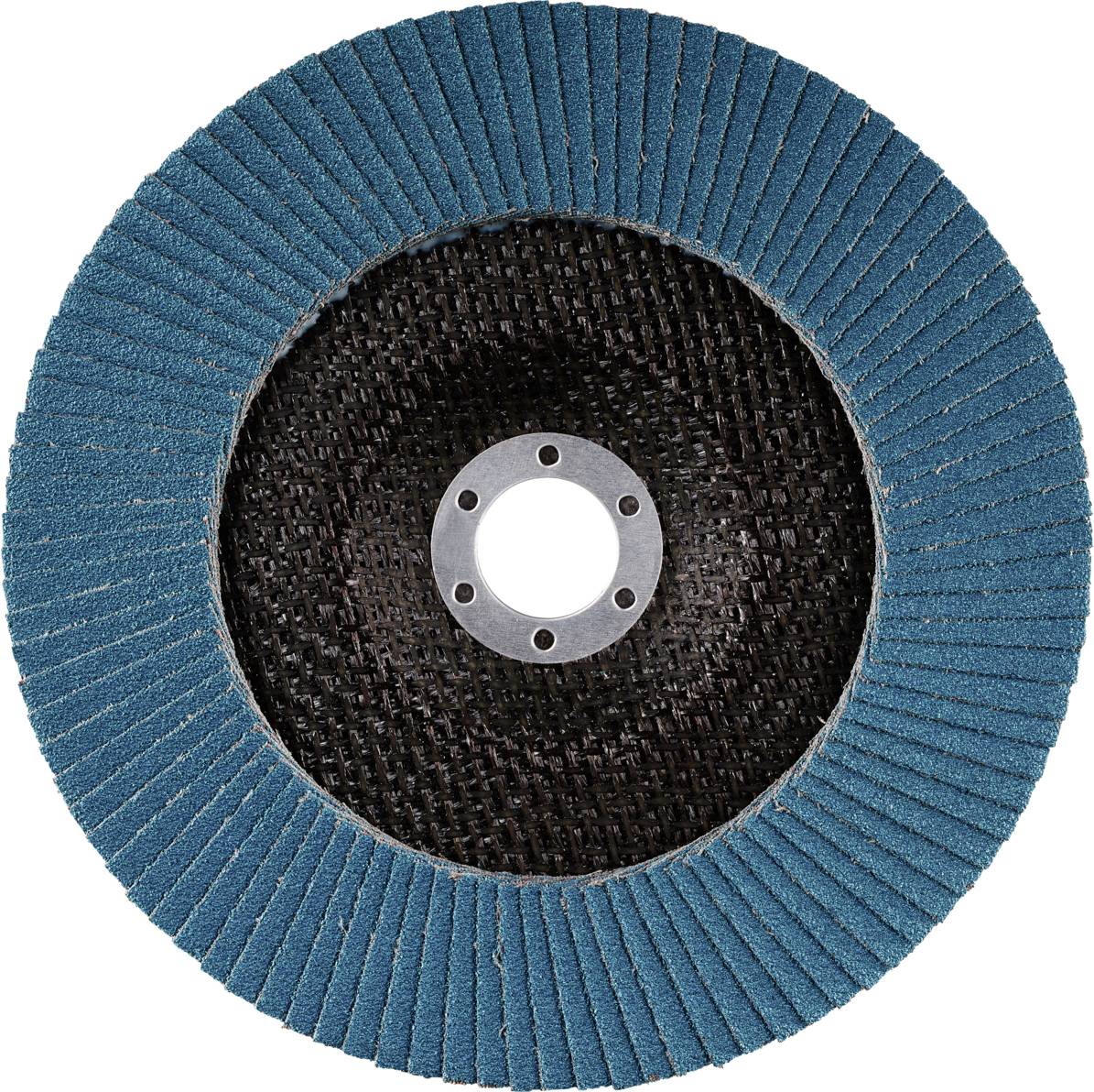 Schleifscheibe mit blauen Lamellen, runde Form, zentraler Metallnabe. Verwendet zum Glätten von Oberflächen in handwerklichen Anwendungen.