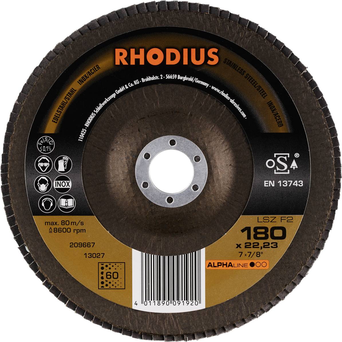 'RHODIUS' Schleifscheibe, Modell LSZ F2, 180 mm Durchmesser, max. 80 m/s, 8600 U/min, spezifisch für Edelstahl (Inox) und Metall.