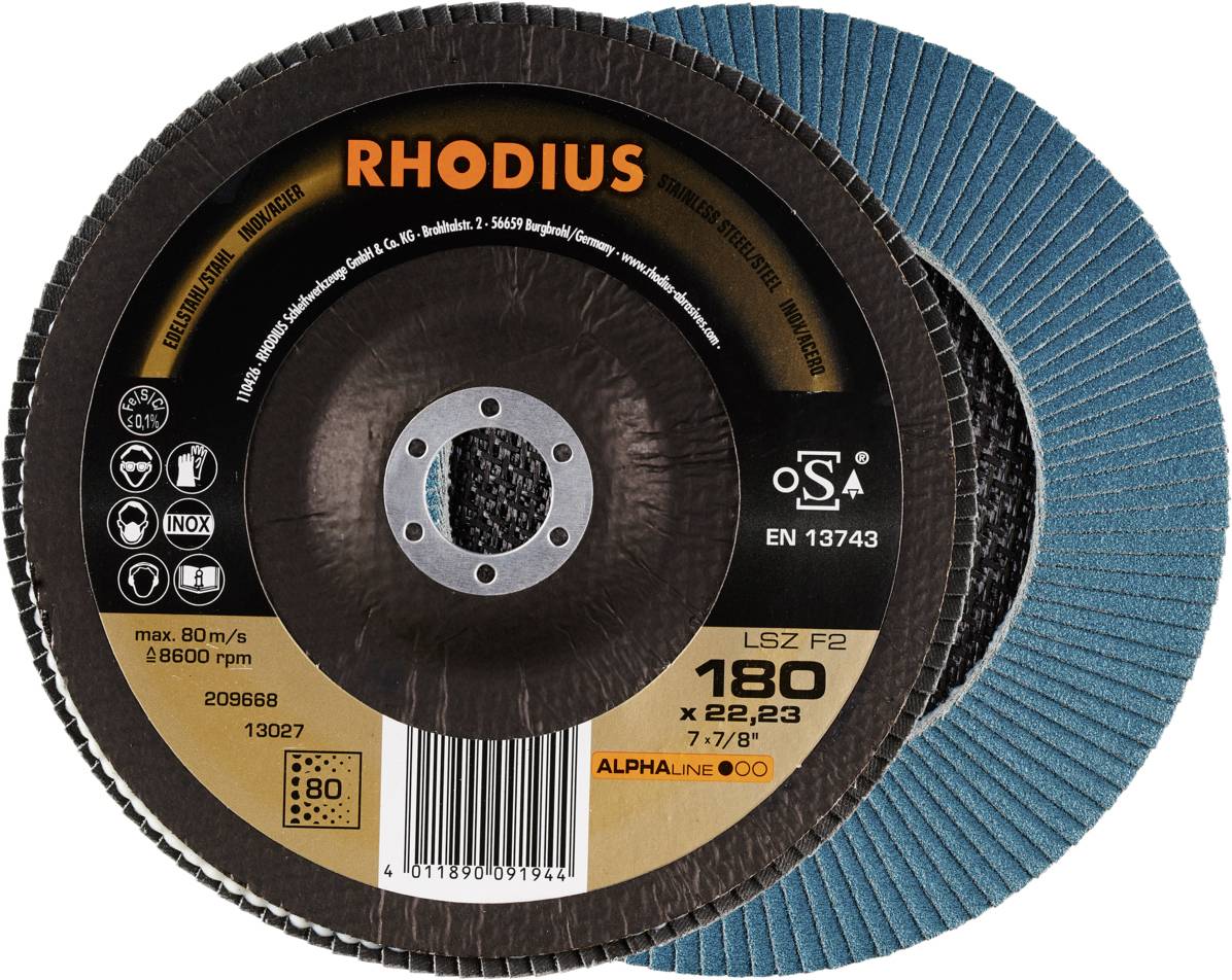 Schleifscheiben mit Etikett, Marke 'Rhodius', Modell LSZ F2, Durchmesser 180 mm, Geschwindigkeit 80 m/s, max. Umdrehungen 8600 pro Minute.