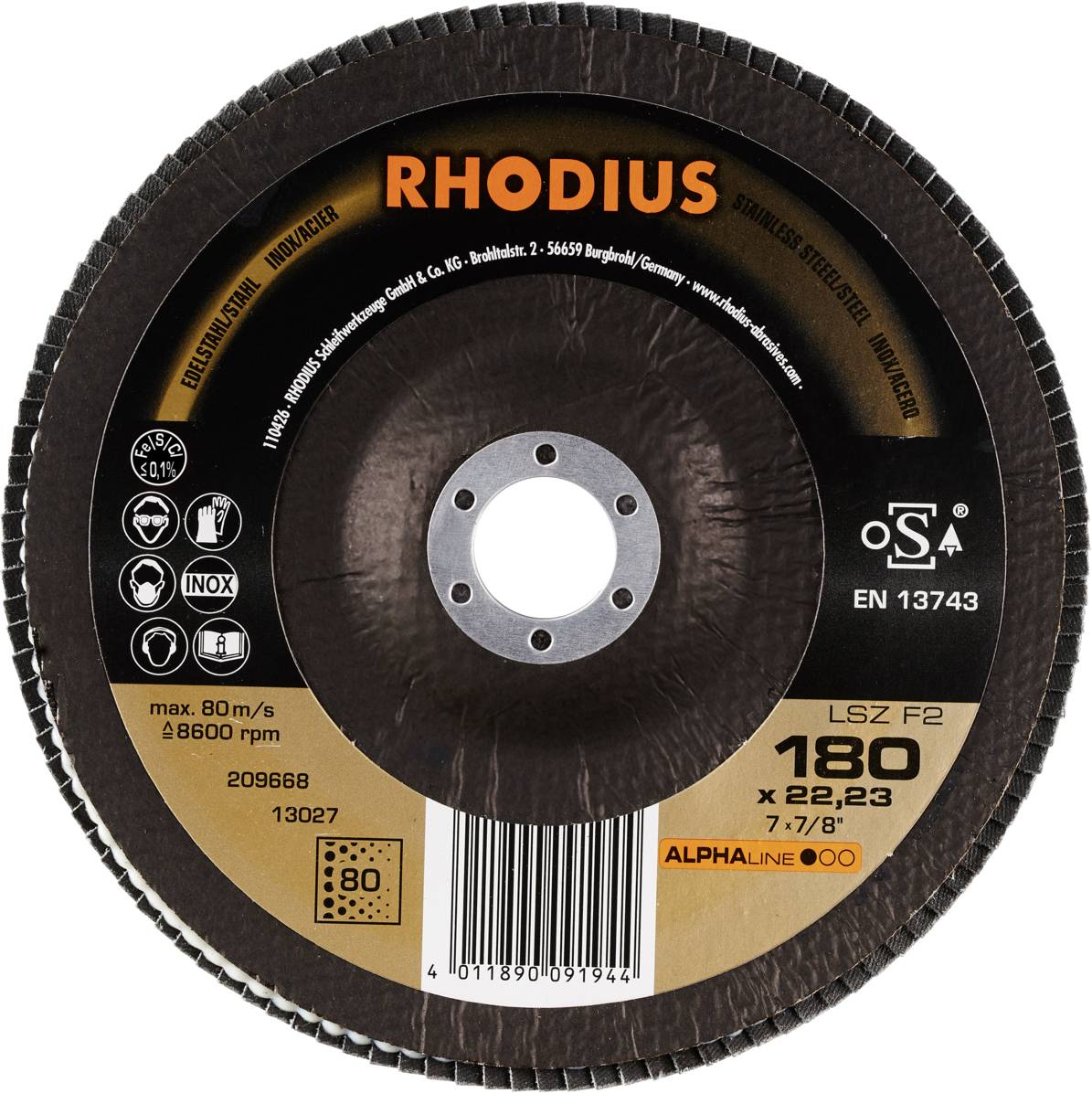 Schleifscheibe von Rhodius, Modell LSZ F2, Durchmesser 180 mm, max. 80 m/s, 8600 U/min, für Edelstahl und Stahl, EN 13743 zertifiziert.