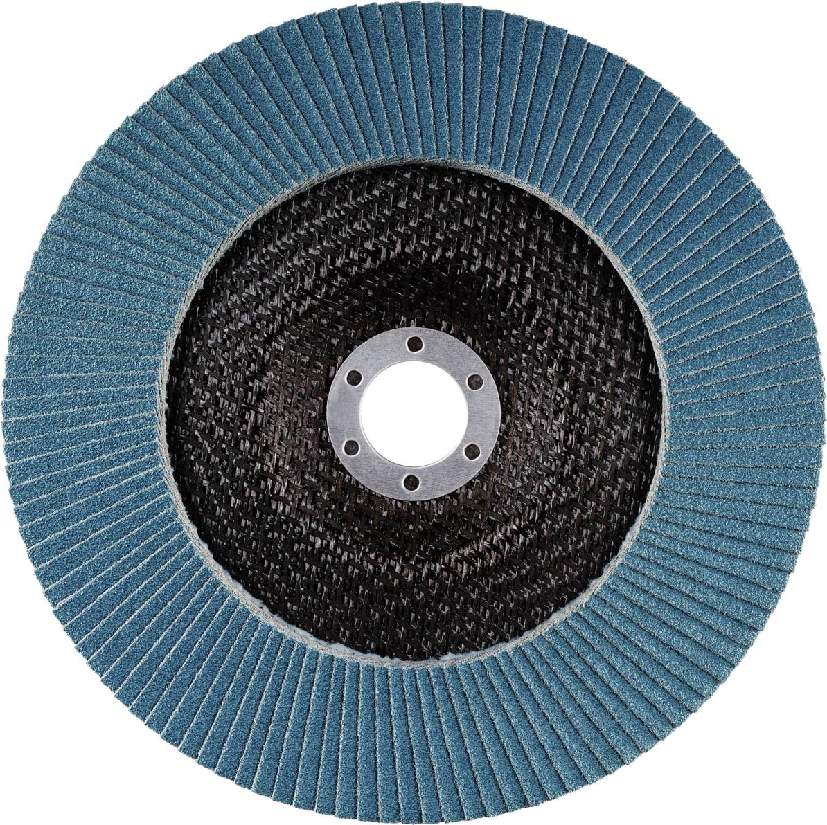 Schleifscheibe mit gleichmäßig angeordneten Lamellen aus blauem Schleifmaterial, zentriert um ein rundes Metallzentrum.