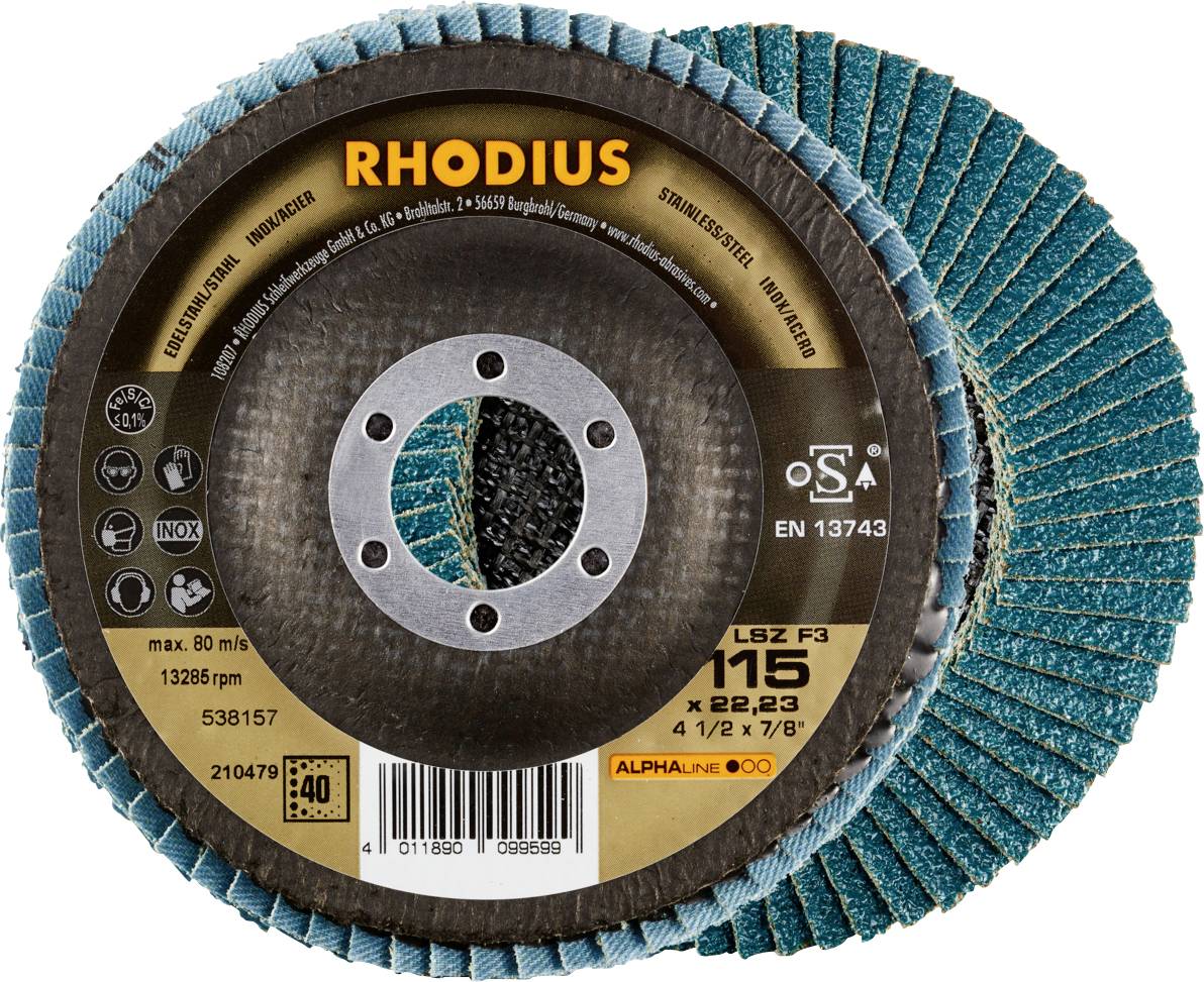 RHODIUS Lamellenschleifscheibe LSZ F3, Maße 115 x 22,23 mm, max. 80 m/s, 13300 U/min. Hinweis auf Edelstahlverwendung.