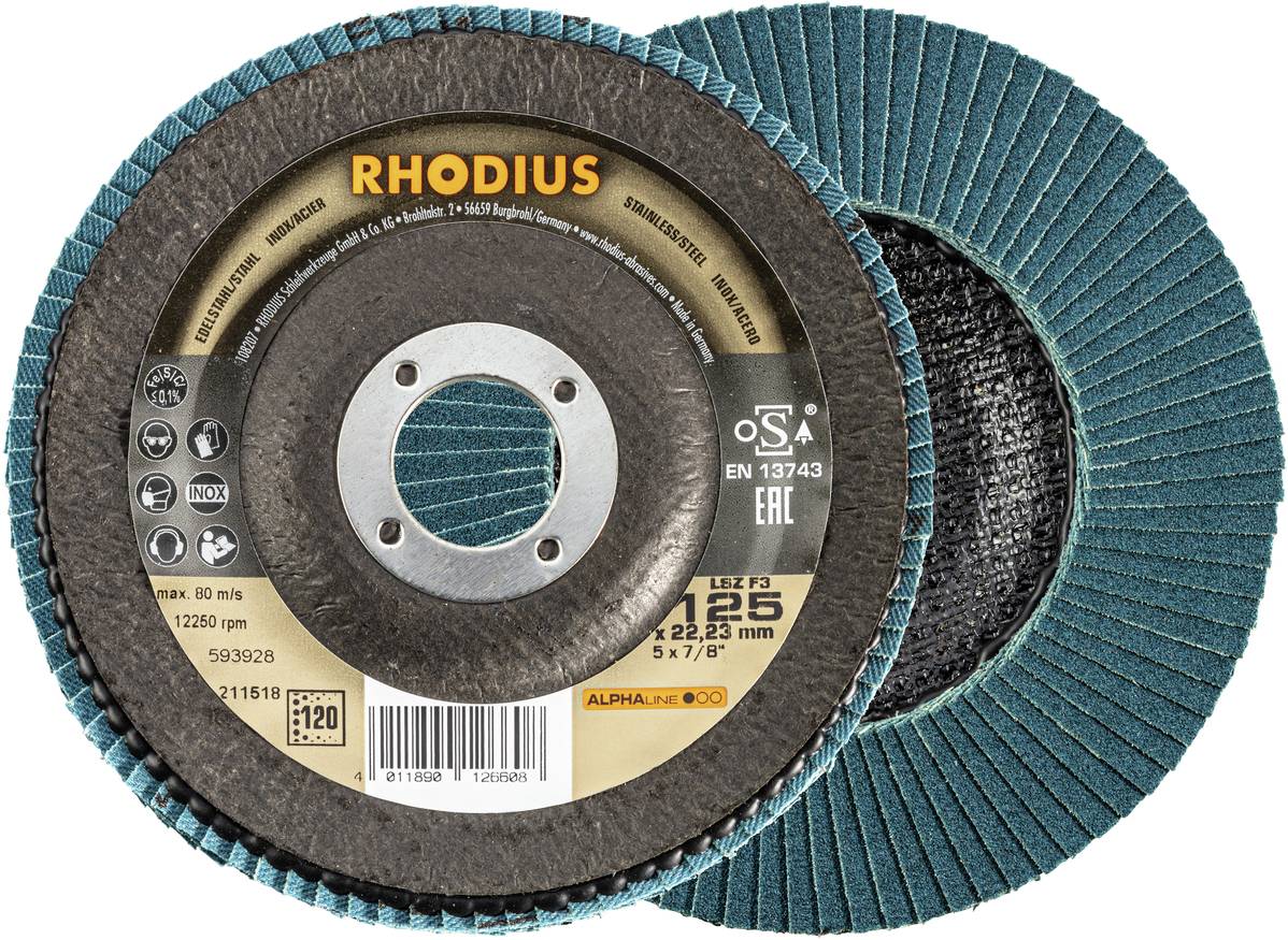 Schleifscheibe der Marke 'RHODIUS' mit Körnung 120, geeignet für Metallbearbeitung, ISO-genormt, zeigt Vorder- und Rückseite.