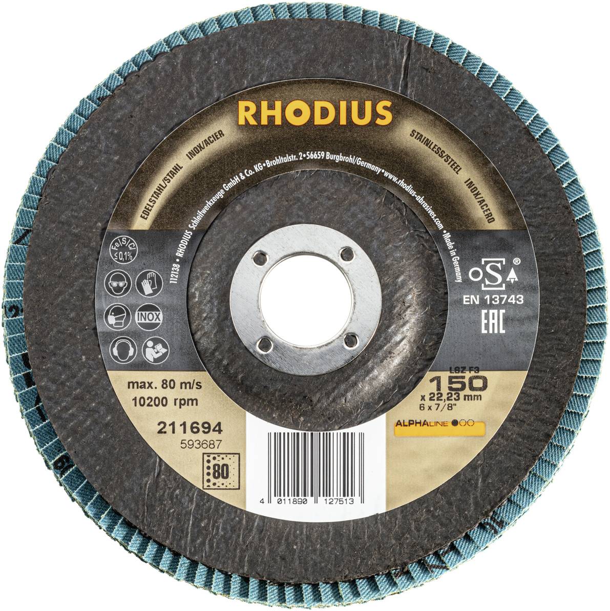 Schleifscheibe von Rhodius, maximale Geschwindigkeit 80 m/s, Durchmesser 150 mm, geeignet für Stahl und Edelstahlbearbeitung.