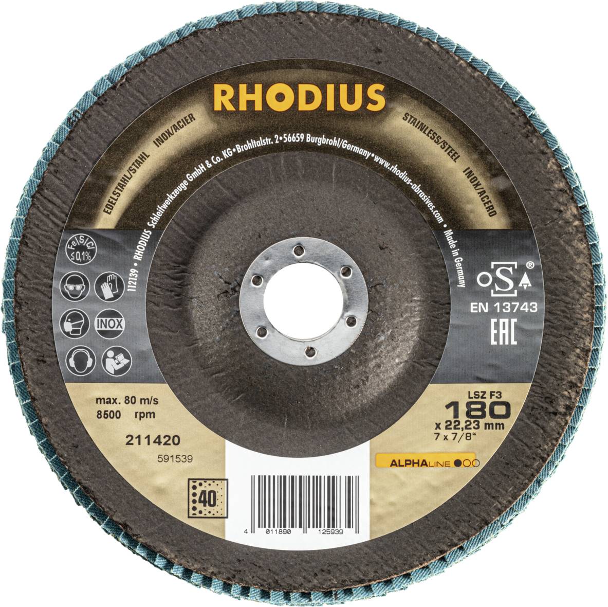 Eine Schleifscheibe von Rhodius mit Kennzeichnungen zur Größe (Ø180 x 22,23 mm) und Kompatibilität, geeignet für Edelstahlbearbeitung.