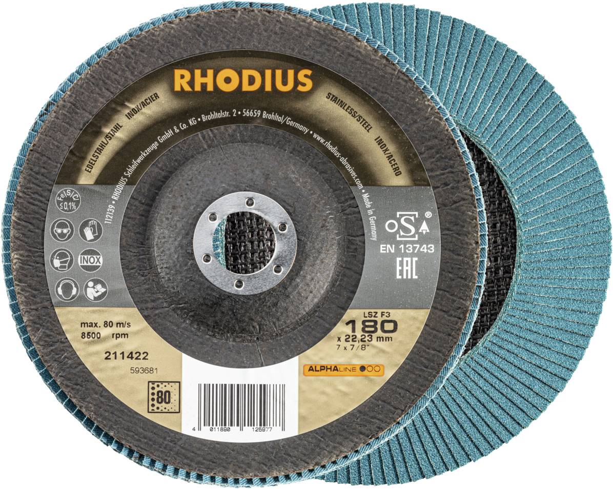 'RHODIUS Lamellenscheibe' mit Angaben zur Größe und Drehzahl: 180x22,3 mm, max. 80 m/s, 8500 U/min. Geeignet für Metallbearbeitung.