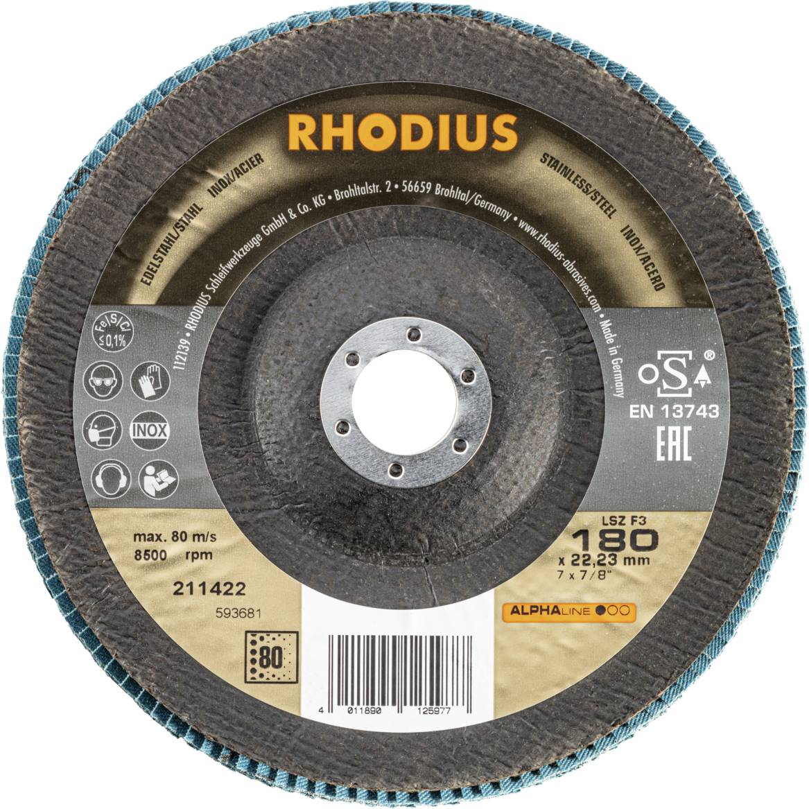 Die Abbildung zeigt eine Lamellenscheibe von 'RHODIUS', geeignet für Edelstahl. Durchmesser: 180 mm, max. 80 m/s, 8500 U/min.