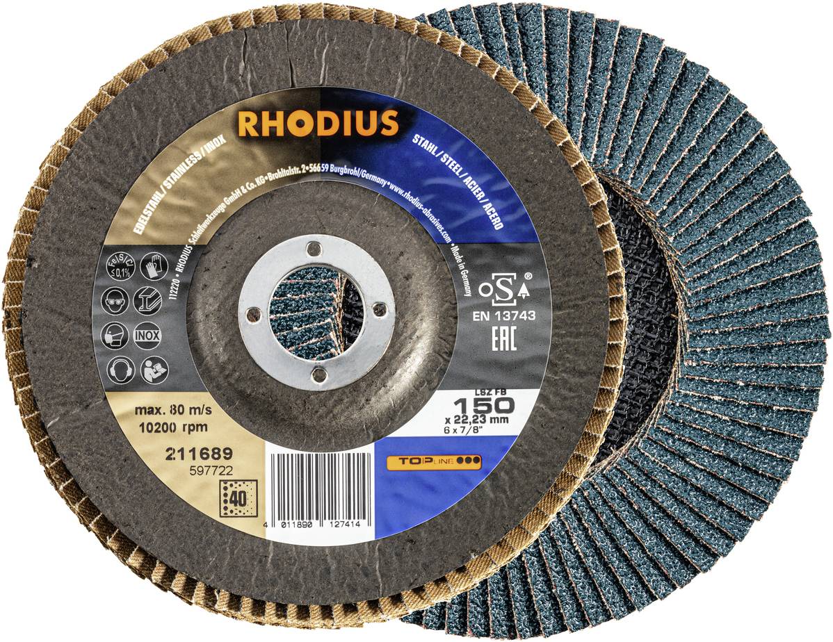 Zwei Schleifscheiben von Rhodius. Eine zeigt die Vorderseite mit Etikett, die andere die Rückseite mit überlappenden Schleifsegmenten.
