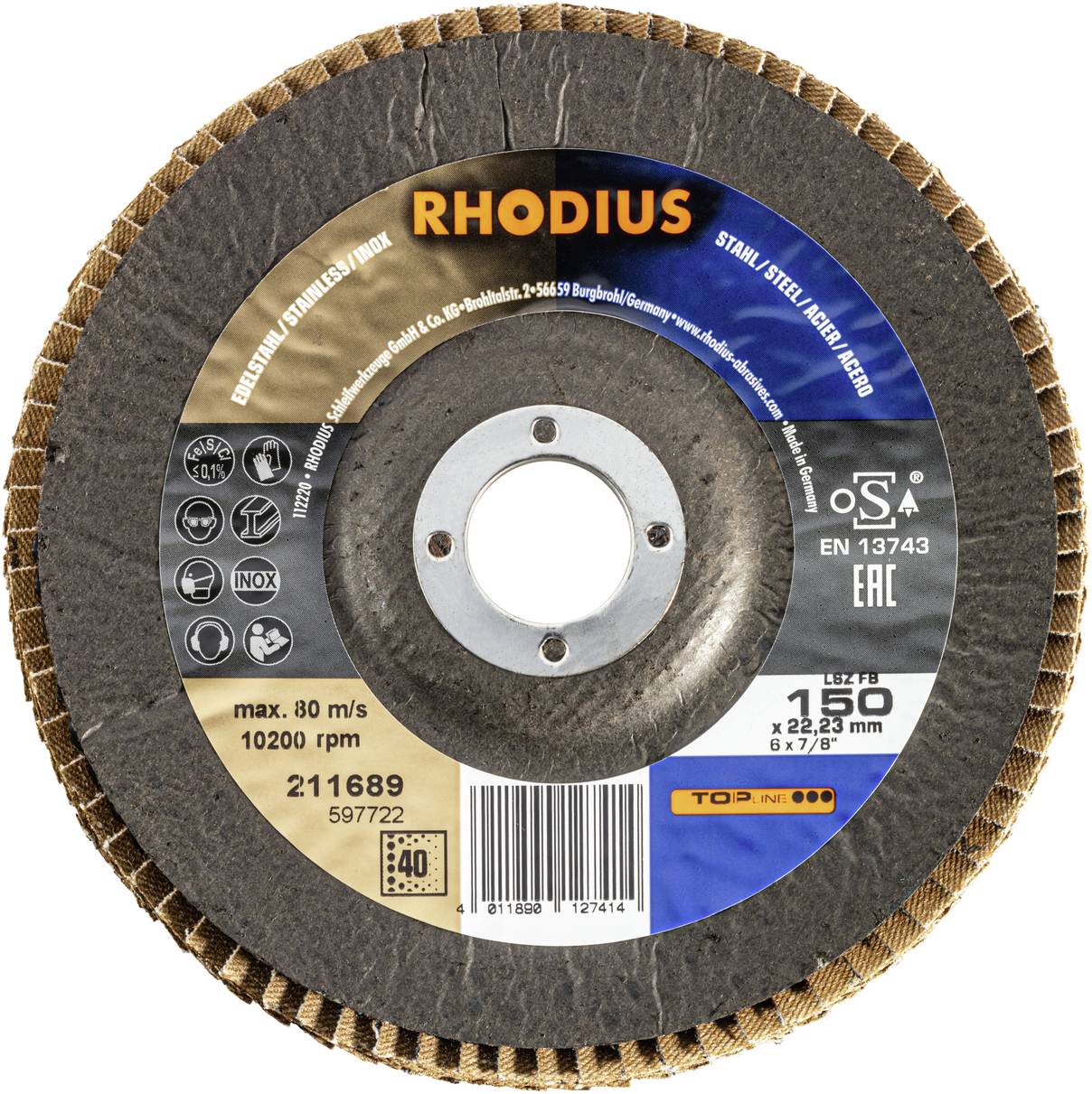 Eine Schleifscheibe der Marke Rhodius, geeignet für Stahl/Edelstahl. Maximal 80 m/s, 10200 U/min, Größe 125 x 22,23 mm.