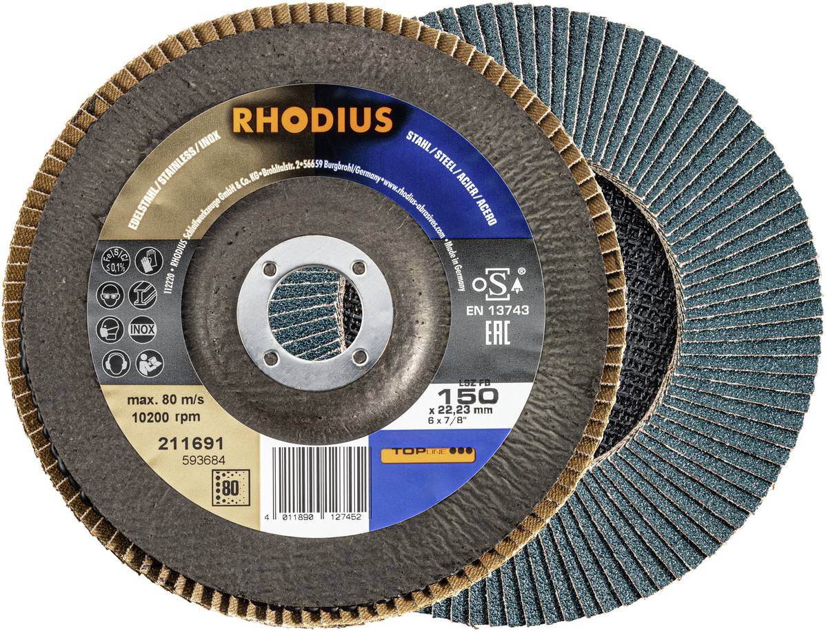 'RHODIUS' Schleifscheiben für Stahl. Details: max. 80 m/s, 10200 U/min, 150 x 22,23 mm, EN 13743, EAC. Grobe, grüne Lamellenstruktur.