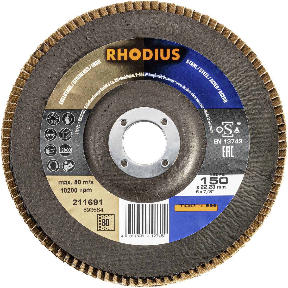 Schleifscheibe von Rhodius mit max. 80 m/s und 10200 U/min. Durchmesser 150 mm. Eignet sich für Edelstahl und legiertem Stahl.