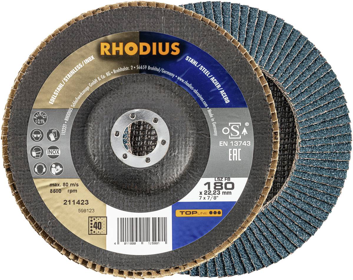 Rhodius Schleifscheibe für Edelstahl/Inox, Ø 180 mm, maximale Drehzahl 8500 U/min.