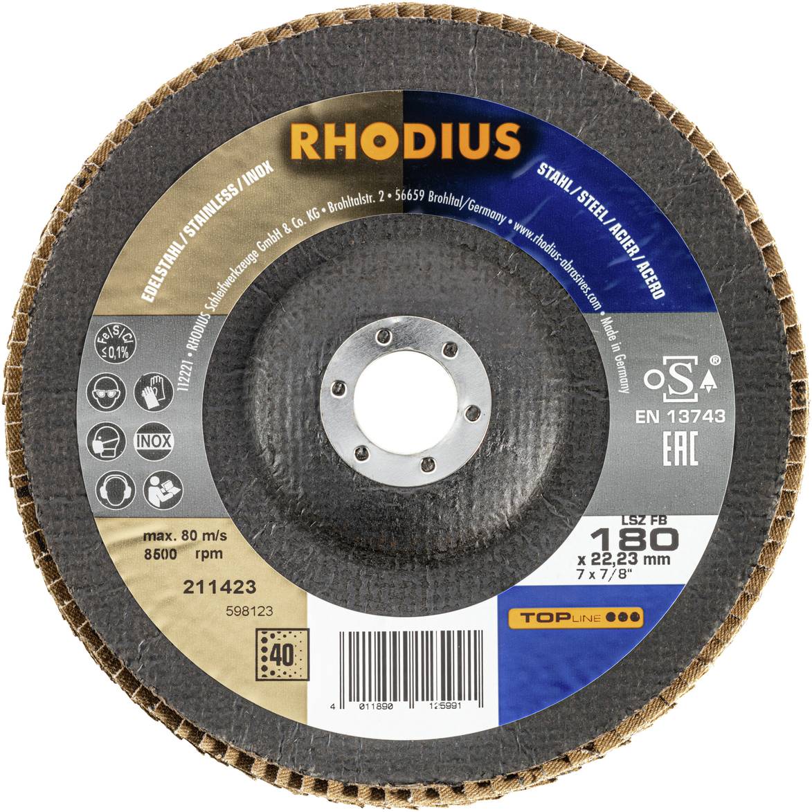 Schleifscheibe von Rhodius, Modell 211423, maximal 80 m/s, 8500 U/min, geeignet für Edelstahl, Ø 180 mm, Stärke 7 mm.