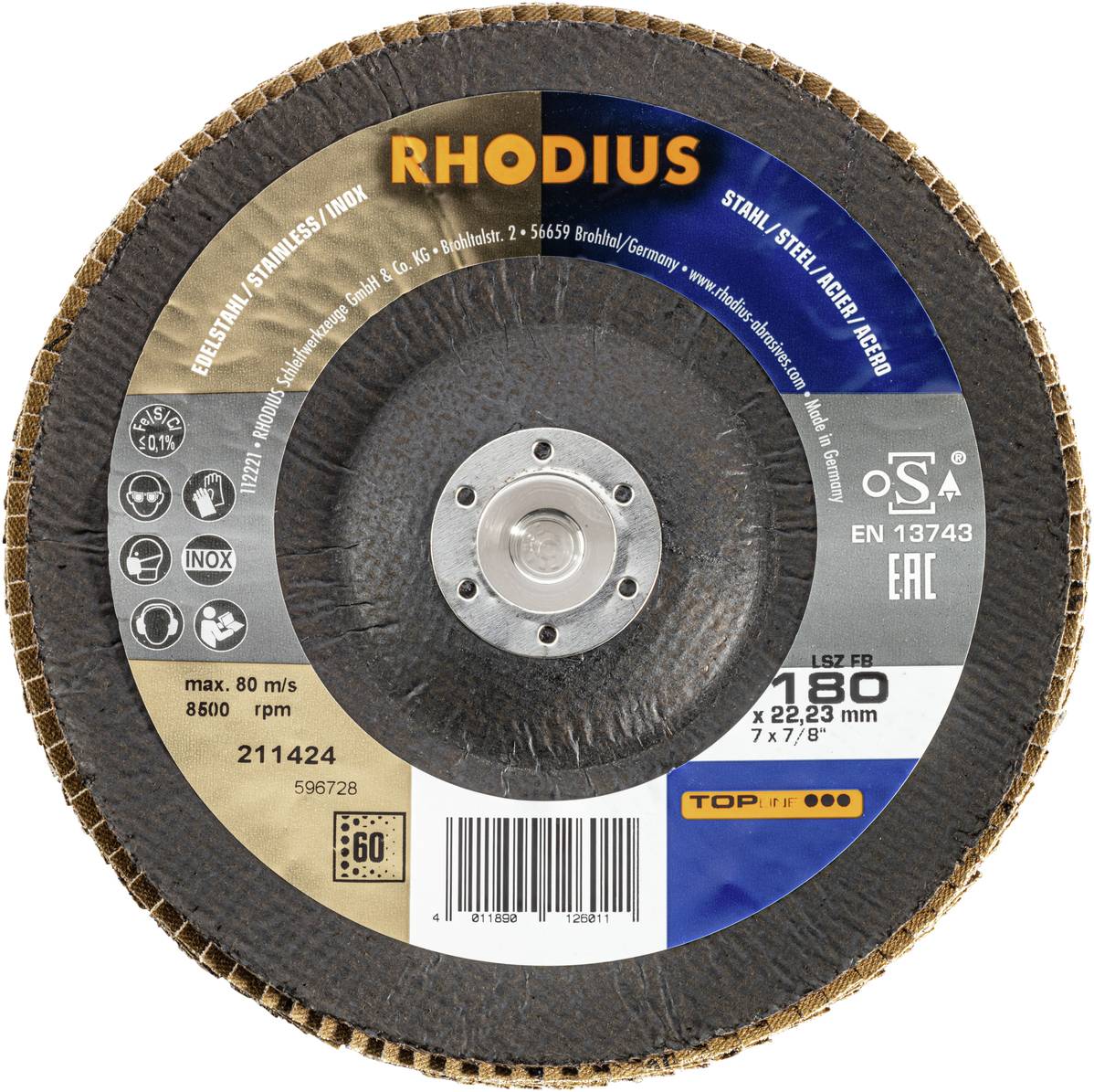 'Rhodius' Schleifscheibe, Edelstahl, max. 80 m/s, 8500 rpm. Durchmesser: 180 mm, Dicke: 2,2 mm. CE-zertifiziert.