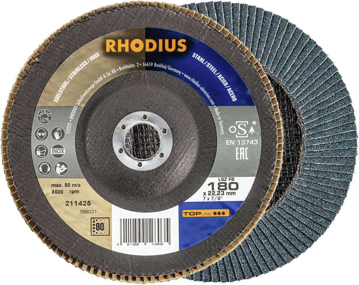Schleifscheibe von 'Rhodius' für Edelstahl, mit 125 mm Durchmesser und 8500 U/min. Enthält technische Spezifikationen und Markenzeichen.