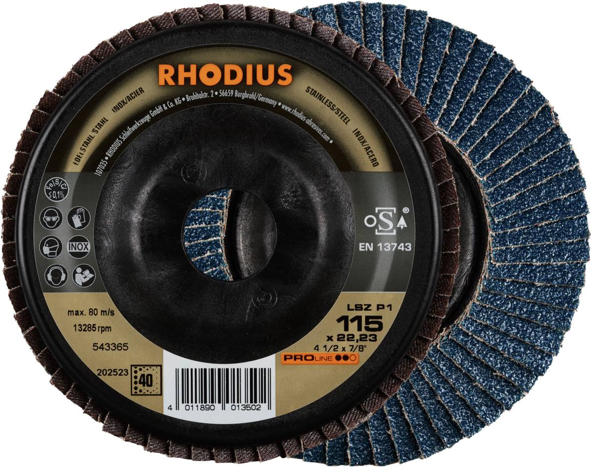 'RHODIUS' Schleifscheiben, max. 80 m/s. 115 mm Durchmesser, für Metallbearbeitung. Markenlogo und Produktinformationen sichtbar.