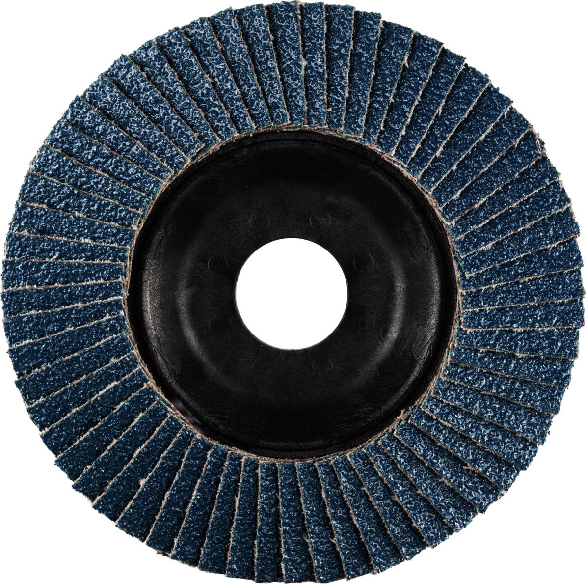 Schleifscheibe mit abgenutzten blauen Lamellen und schwarzem Zentrum, oft verwendet in der Metallbearbeitung zum Glätten von Oberflächen.