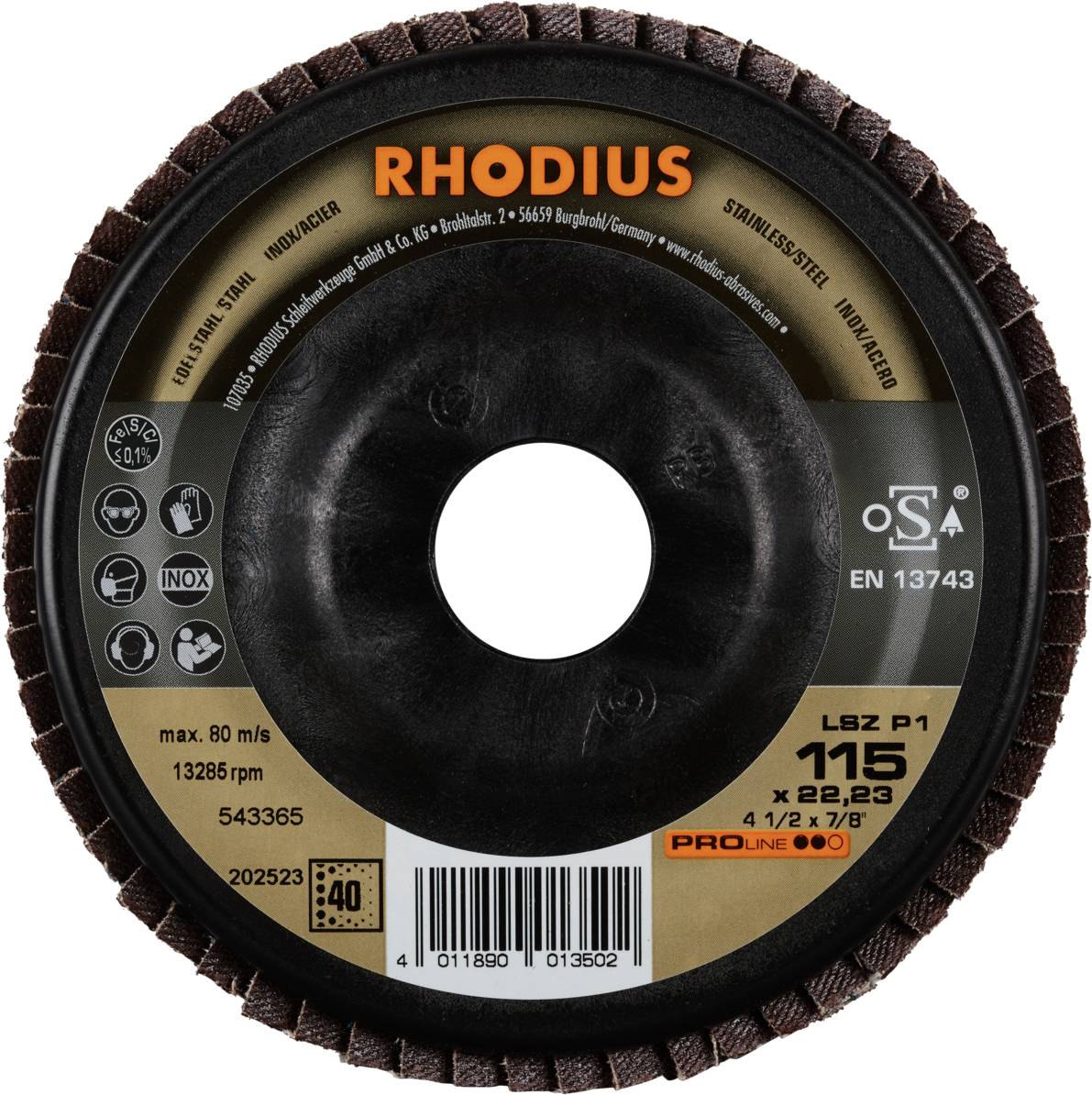 Rhodius 202523 LSZ P1 Fächerschleifscheibe Edelstahl, Stahl 10St.