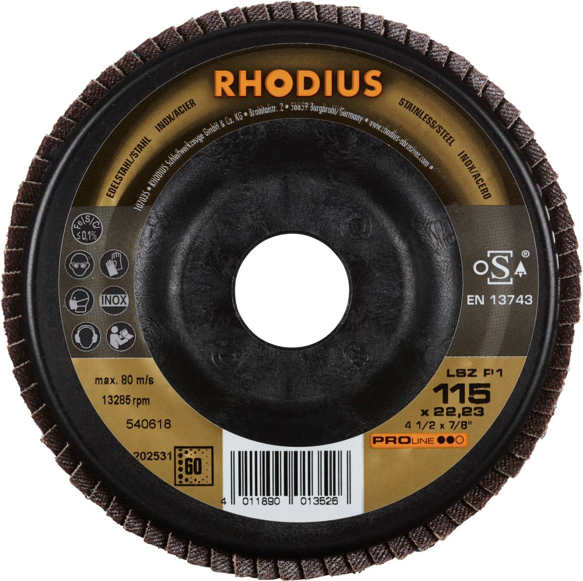 Trennscheibe 'RHODIUS', Durchmesser 115 mm, maximale Drehzahl 13.285 U/min, für Stahl geeignet, Sicherheitskennzeichnungen vorhanden.
