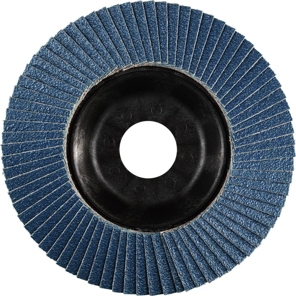 Schleifscheibe in Nahaufnahme mit blauer Lamellenstruktur und schwarzem Zentrum, verwendet zum Glätten oder Abtragen von Materialien.