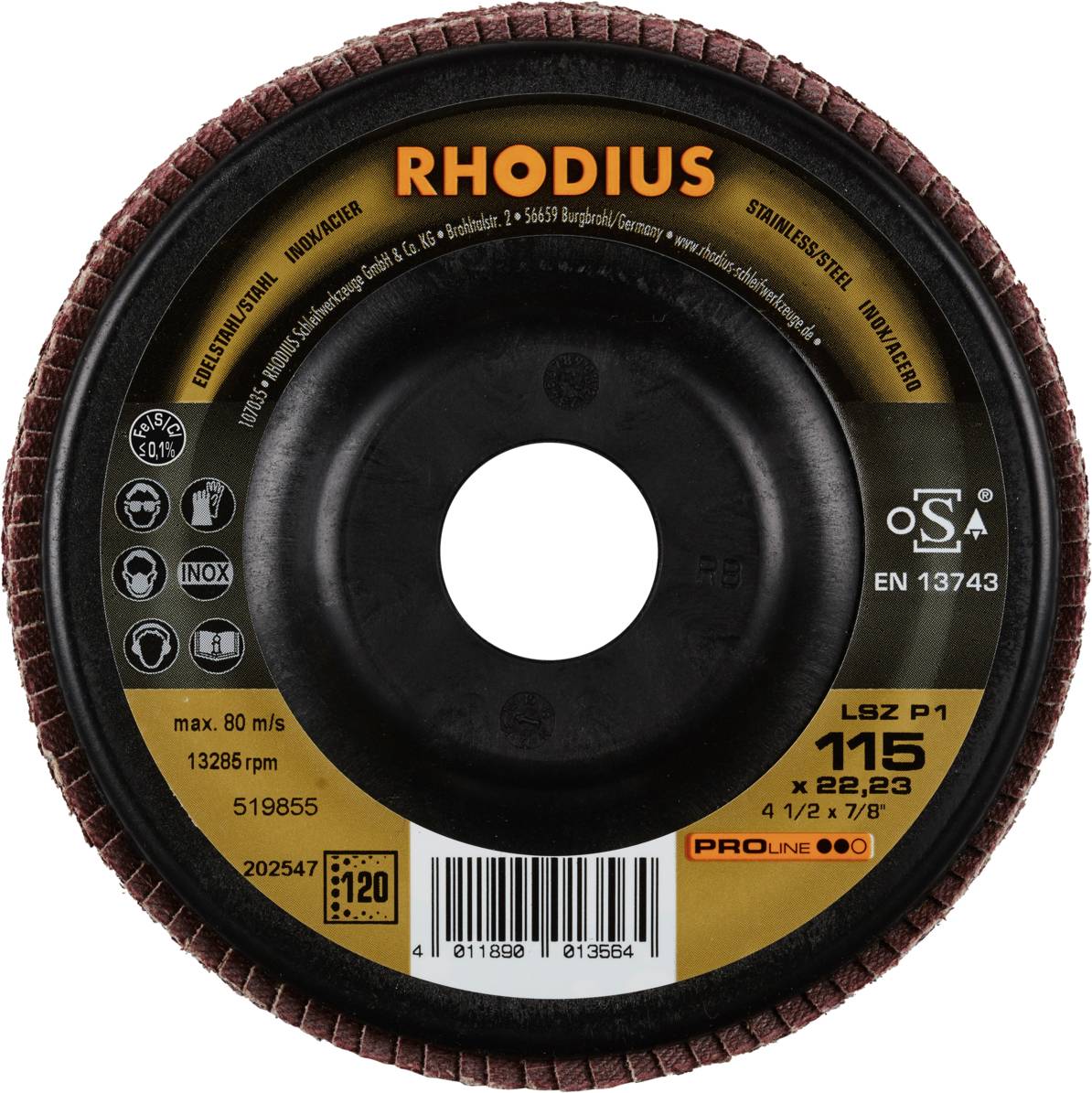 Schleifscheibe der Marke 'RHODIUS', geeignet für Edelstahl. Max. 80 m/s, 13286 U/min. Größe: 115 x 22,23 mm.