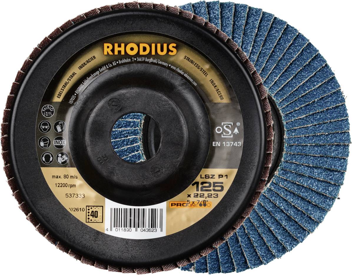 'RHODIUS' Schleifscheibe, 125 mm, max. 12.200 U/min, robuste Konstruktion für Metallbearbeitung, EN 13743 zertifiziert.