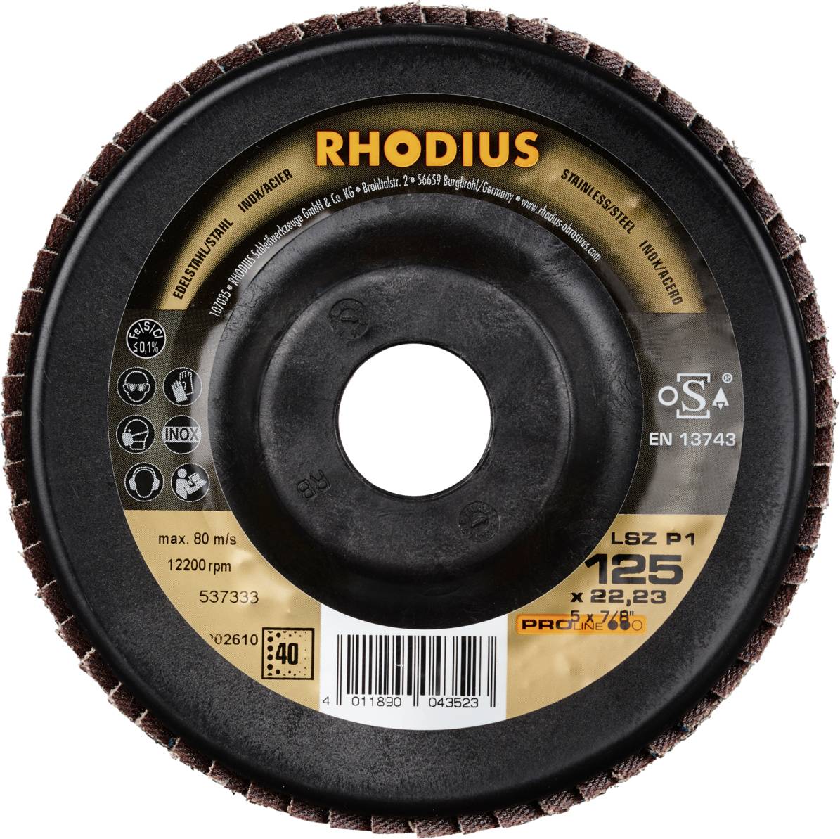 'RHODIUS LSZ P1' Schleifscheibe, max. 80 m/s, Durchmesser 125 mm, Lochgröße 22,23 mm, für Edelstahl, Flipperscheibe, EN 13743.