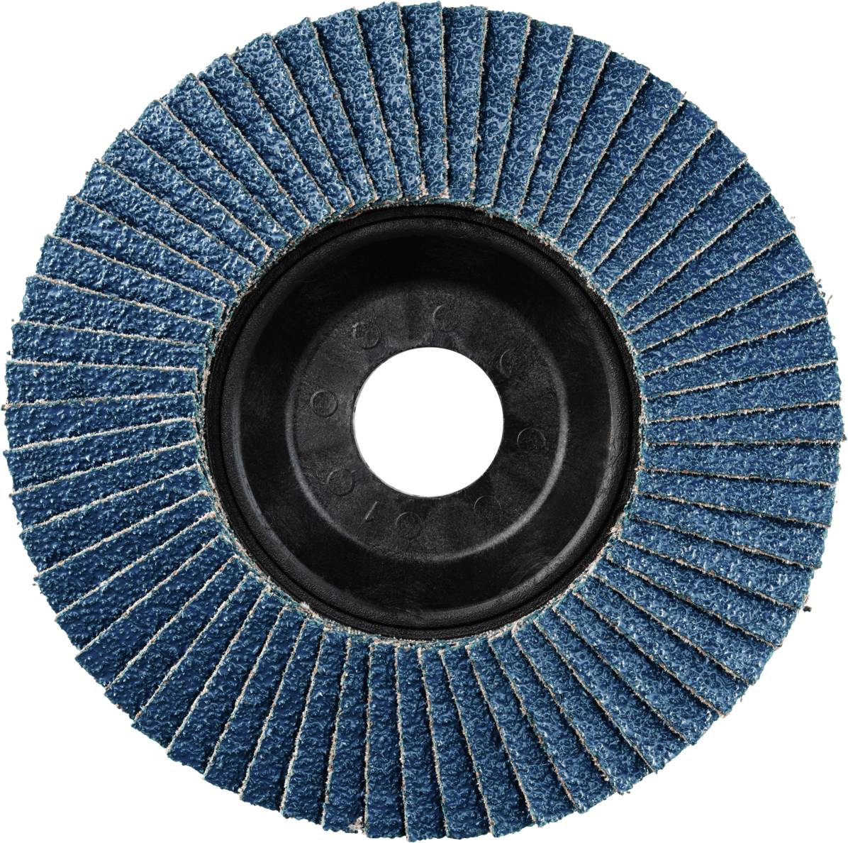 Ein blauer Schleiflamellenteller mit schwarzem Mittelring, zur Befestigung auf einer Schleifmaschine.