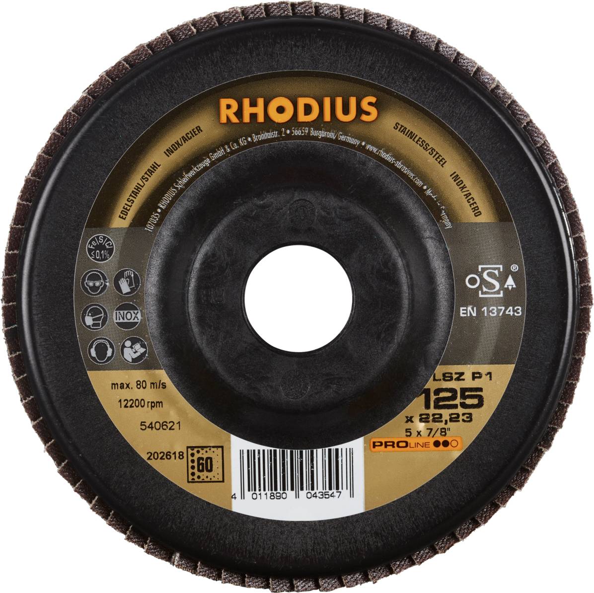 'RHODIUS' Schleifscheibe, max. 80 m/s, 12200 U/min, für Edelstahl geeignet. Modellnummer: 540621, Code: 202618.