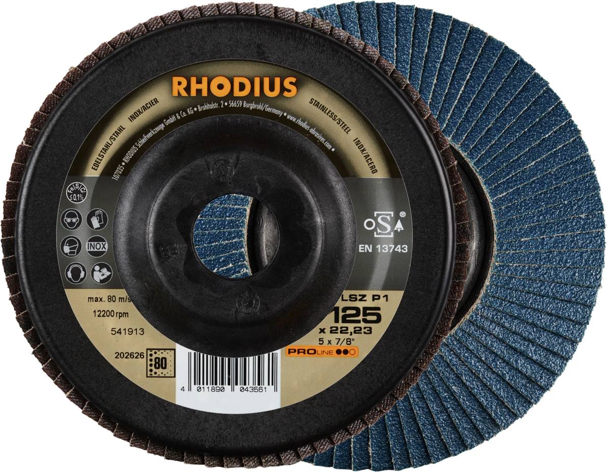 Zwei Schleifscheiben, eine braun mit 'RHODIUS' Aufschrift, die andere blau. Beide haben ein zentrales Kunststoffelement.