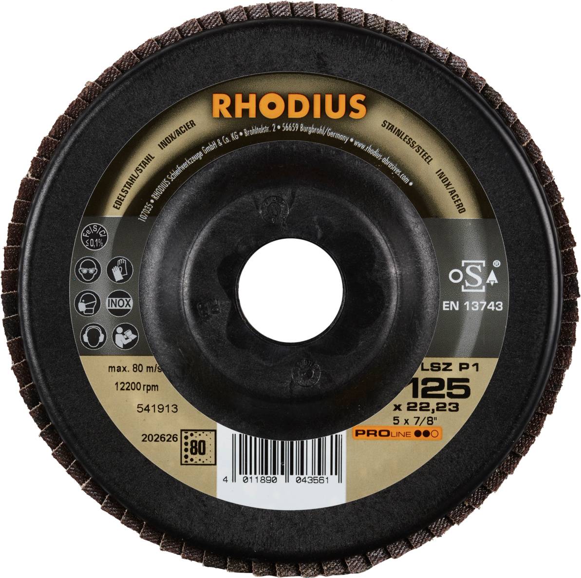 'RHODIUS Trennschleifscheibe', max. 80 m/s, 12200 U/min, 125 x 22,23 mm. Geeignet für Edelstahl. Zertifizierungen und Sicherheits-Icons sichtbar.