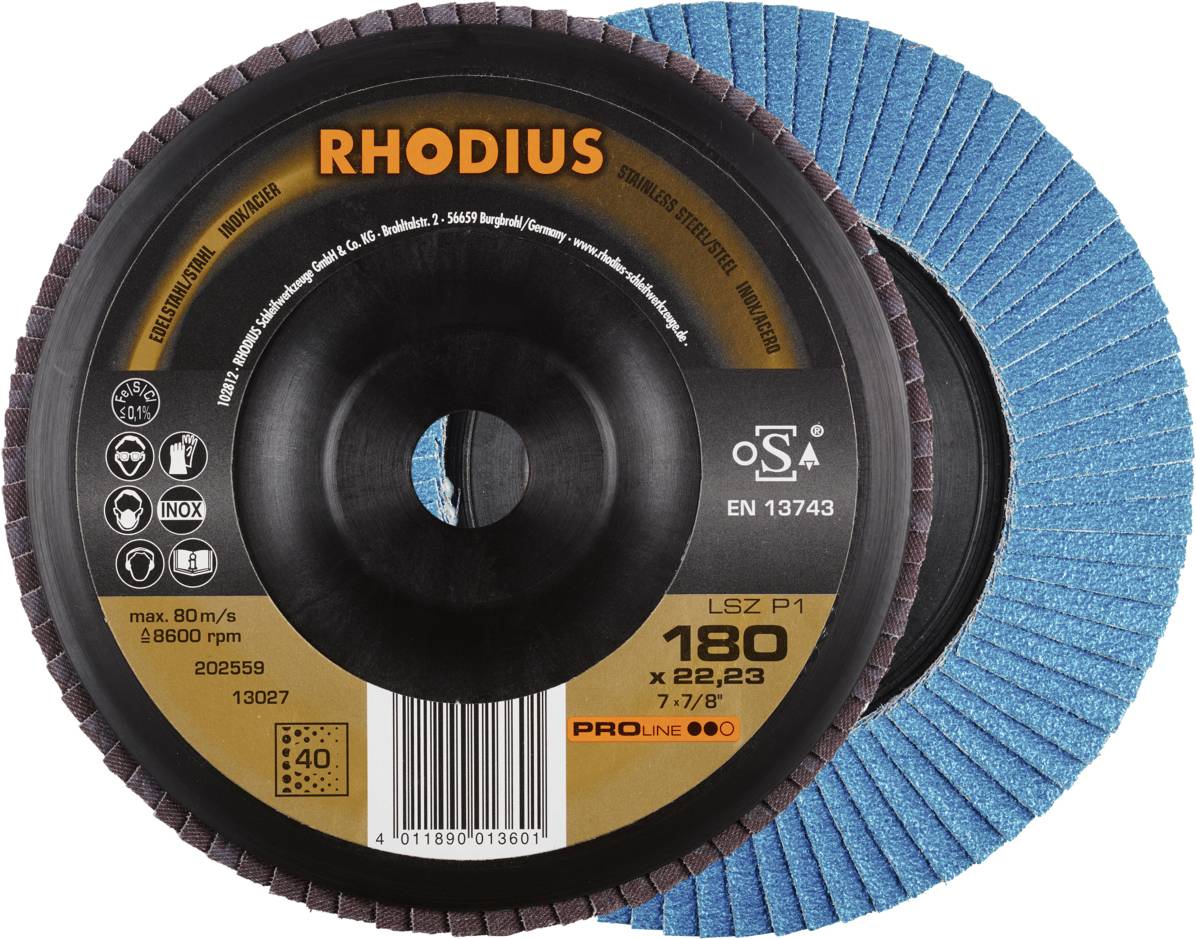 Schleifscheibe mit der Aufschrift 'RHODIUS 180 x 22,23'. Enthält Symbole für Geschwindigkeit, Material und Sicherheitsstandards.