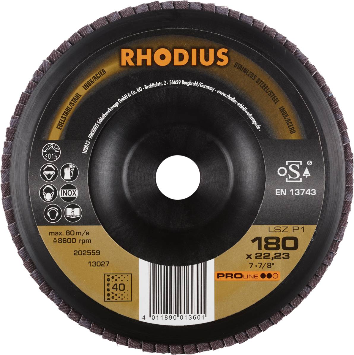 Schleifscheibe von Rhodius mit Spezifikationen: 180 x 22,23 mm, max. 80 m/s, für Edelstahl, EN 13743 zertifiziert.