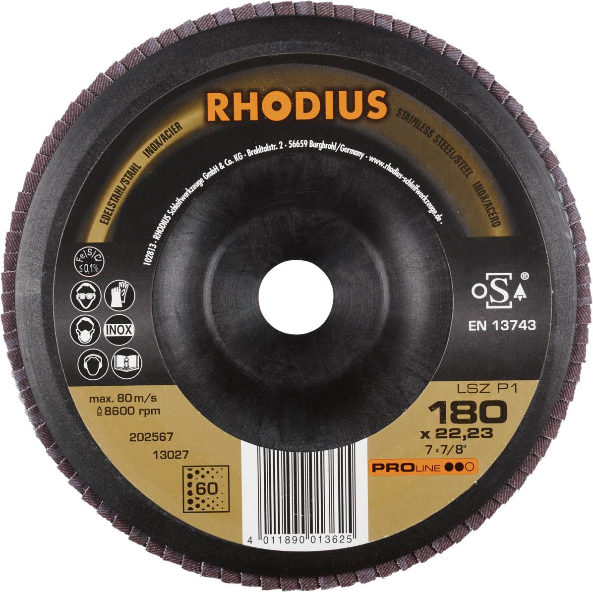 Rhodius 202567 LSZ P1 Fächerschleifscheibe Edelstahl, Stahl 10St.